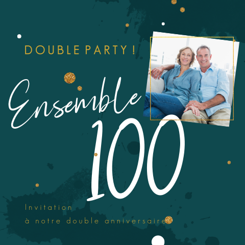 Carte d'invitation à une double fête avec des confettis et une photo
