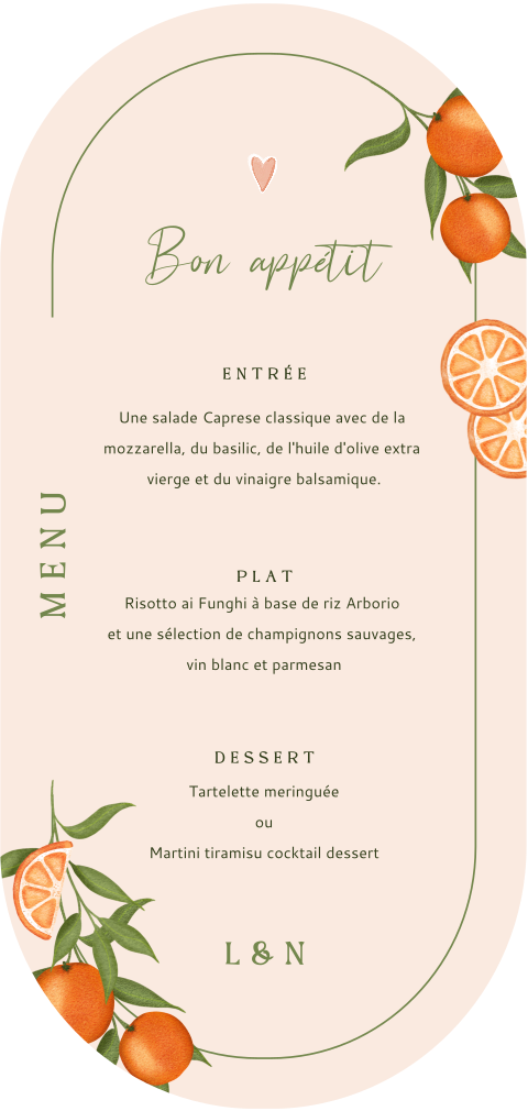 Carte de menu tendance avec oranges sur fond rose pâle