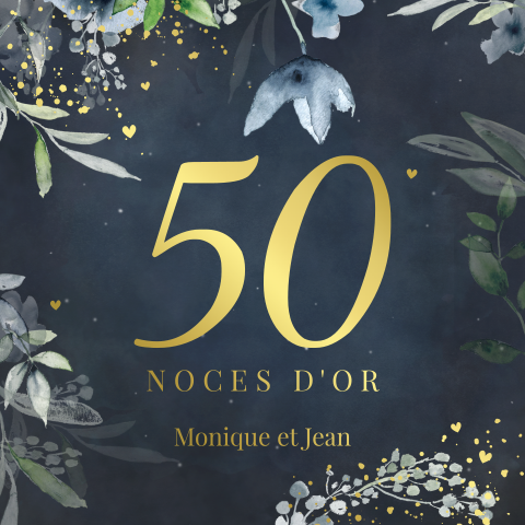 Invitation romantique noces d'or avec fleurs bleues et coeurs dorés