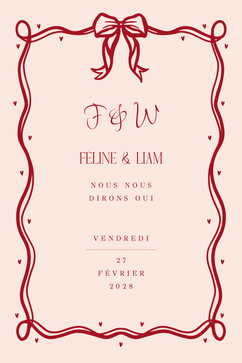 Faire-part de mariage mignon avec nœud et coeurs rouges sur fond rose