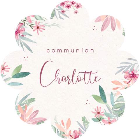 Faire-part communion en forme de fleur avec illustrations de fleurs