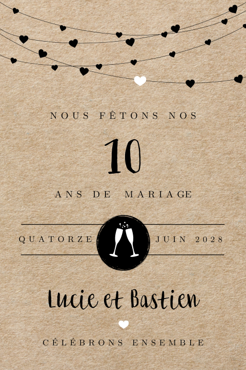 Invitation anniversaire mariage avec guirlandes de coeurs