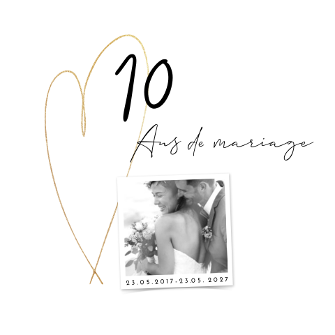Invitation pour noces d'étain avec un polaroid et un cœur doré