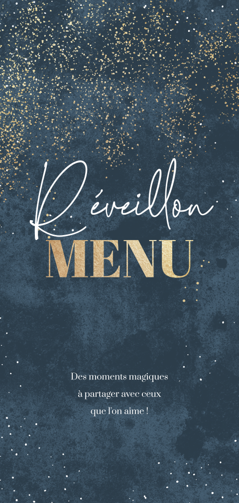 Menu avec fond bleu nuit et détails jaune-or