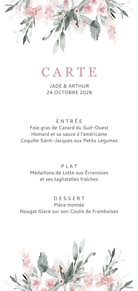 Menu avec des bouquets de fleurs roses