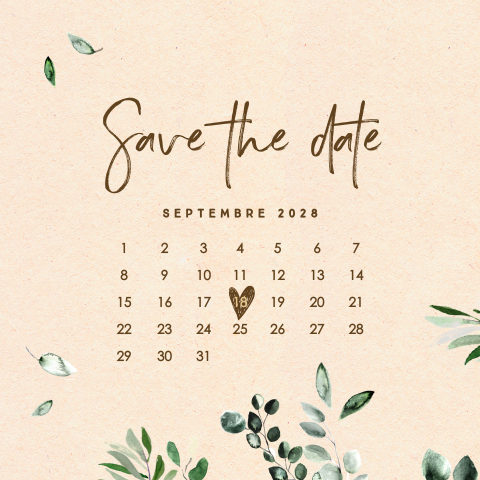 Save the date avec un calendrier et des feuilles d'eucalyptus