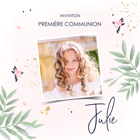 Faire-part de communion doux avec photo et branches sur fond rose