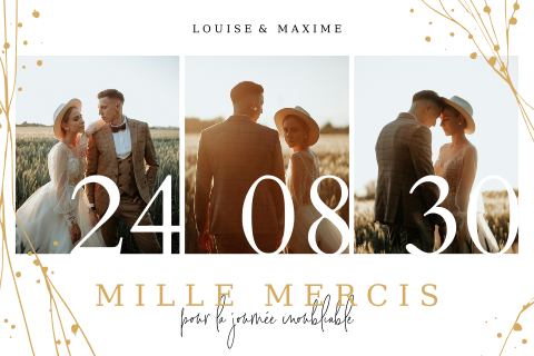 Carte de remerciement magnet avec trois photos et branches en or
