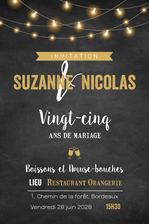 Invitation moderne pour noces d'argent en noir et jaune-or