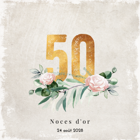 Invitation noces d'or avec roses et 50 doré