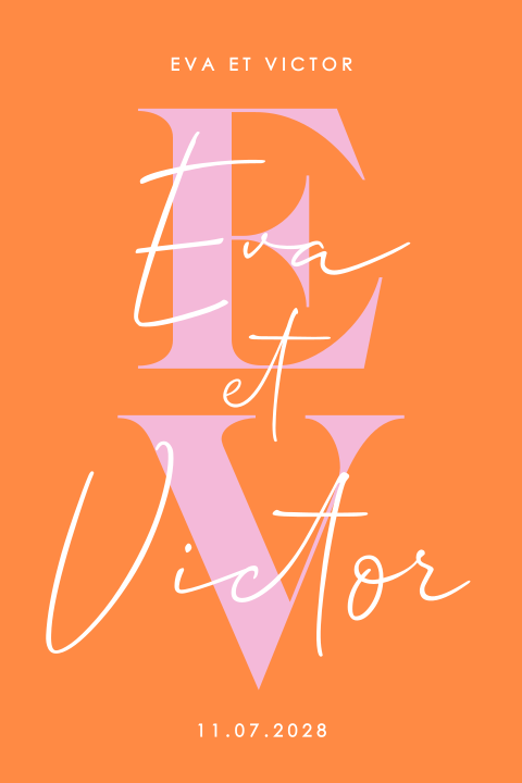 Faire-part de mariage moderne avec initiales en rose sur orange