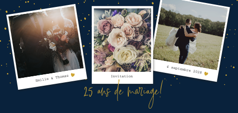 Invitation aux noces d'argent avec un fond bleu foncé et des photos