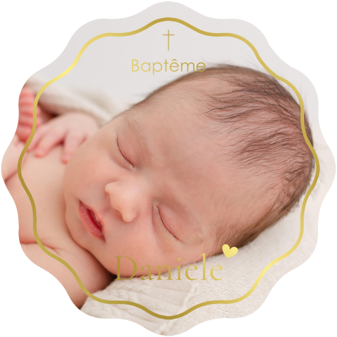 Faire-part baptême découpé et avec une photo et dorure