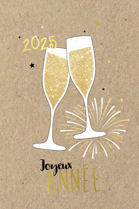 Carte de voeux avec feux d'artifice et des verres de champagne