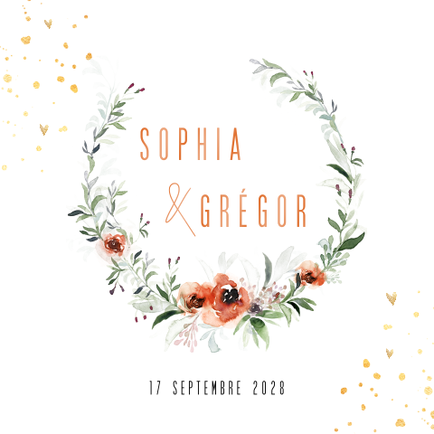 Faire-part de mariage romantique avec couronne de fleurs et cœurs