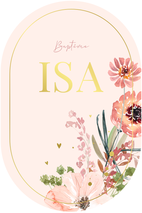 Faire-part de baptême original avec fleurs, dorures, sur fond rose