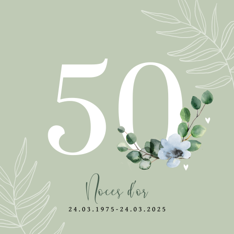 Invitation de mariage pour noces d'or avec 50 sur fond vert menthe