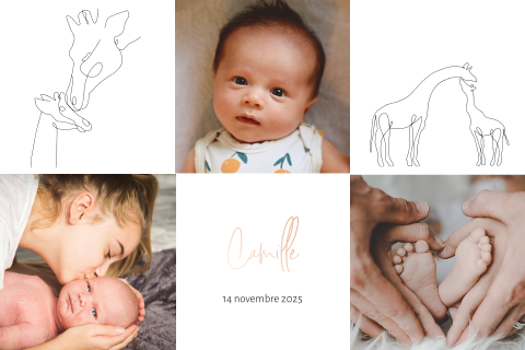 Faire-part de naissance minimaliste avec photos et dessins de girafes