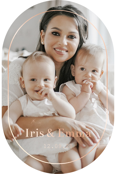 Faire-part de naissance ovale pour jumeaux avec photo et or rosé