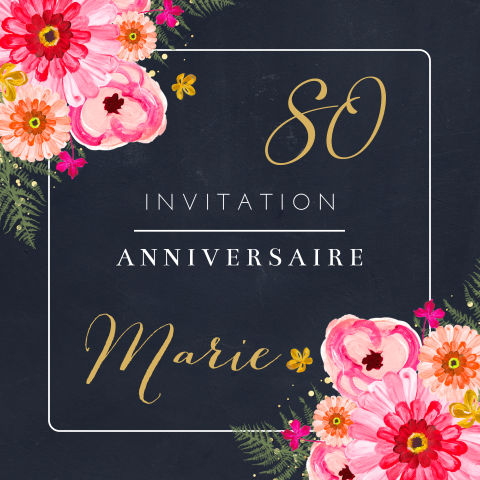 Invitation d'anniversaire avec des fleurs roses sur fond foncé