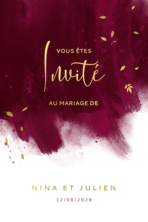 Faire-part de mariage avec des dorures et aquarelles rouges