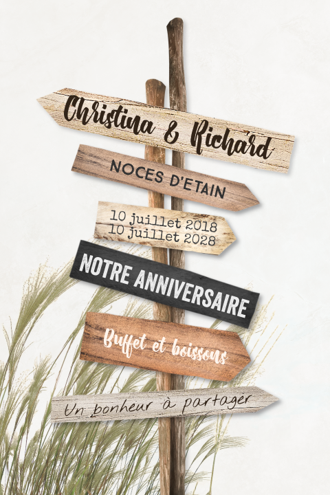 Invitation anniversaire mariage avec panneaux de directions