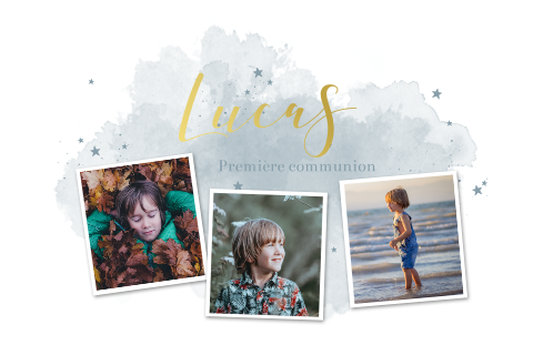 Faire-part de communion avec photos, dorures et aquarelle bleue