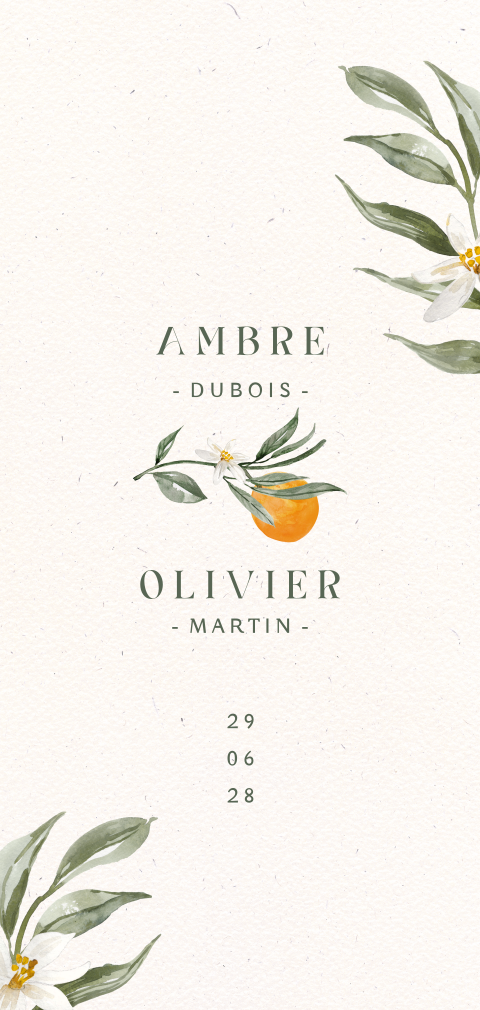 Faire-part de mariage moderne avec orange, fleurs et feuilles
