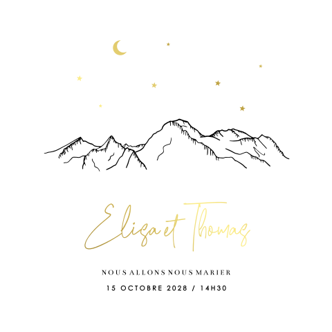 Faire-part rond avec dorure et illustration de montagne