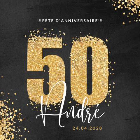 Carte d'invitation élégante pour les 50 ans avec des paillettes dorées