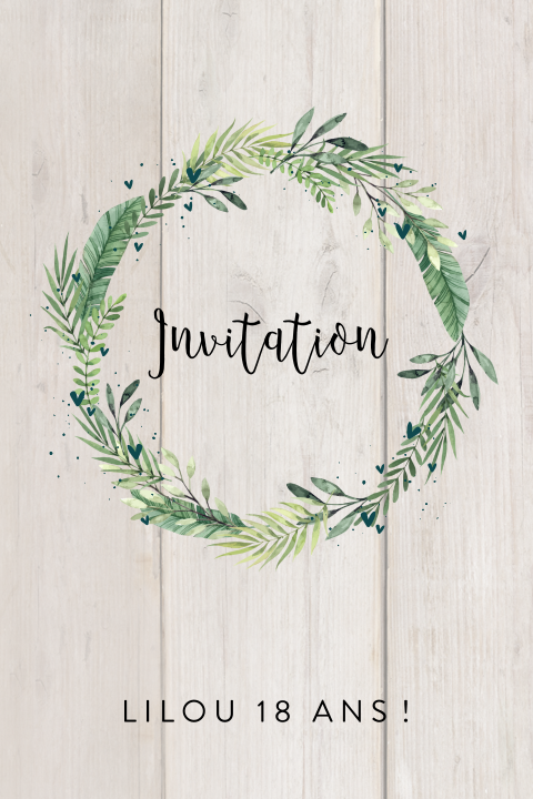 Carte d'invitation avec une couronne de feuilles sur fond en bois