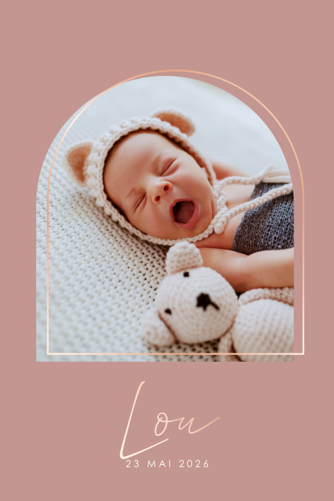 Faire-part de naissance avec photo en arche et finitions cuivrées
