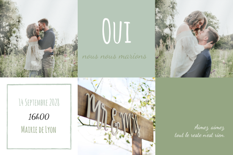 Faire-part moderne avec zones de couleur verte et photos