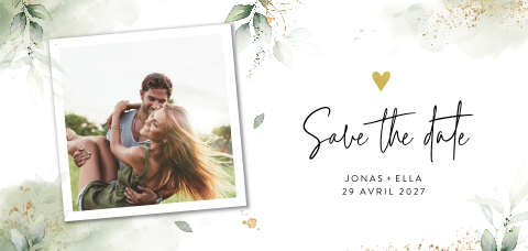 Save the date avec des feuilles et des dorures, et une photo