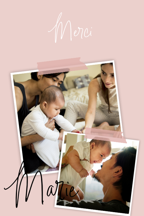 Carte de remerciement pour la naissance d'une fille avec deux photos