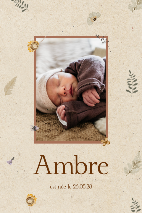 Faire-part de naissance look eco avec photo et fleurs séchées