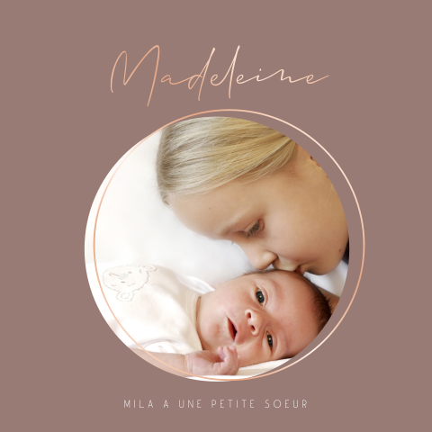Faire-part de naissance rose avec photo et dorure rosée
