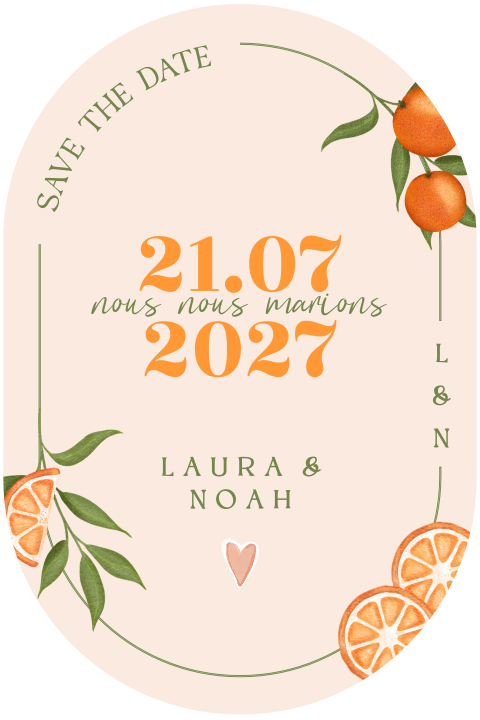 Save the date tendance ovale avec oranges sur fond rose pâle
