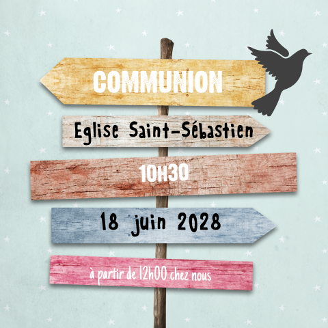 Faire-part de communion avec panneau indicateur coloré et colombe