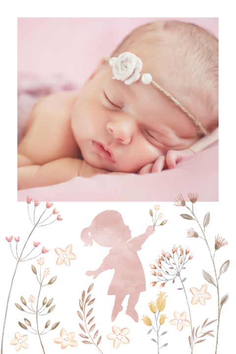 Faire-part de naissance avec silhouette grande soeur et fleurs