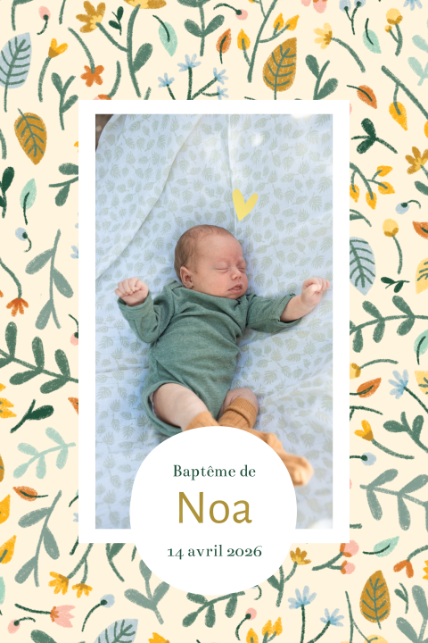 Faire-part de baptême avec photo et motif floral