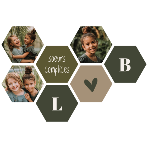 Décoration murale hexagonale avec photos, texte et coeur