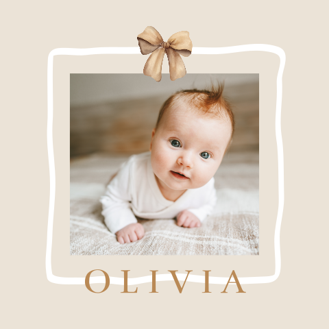 Faire-part de naissance beige avec photo, cadre et nœud