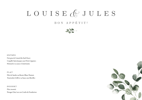 Set de table avec menu et des feuilles d'eucalyptus
