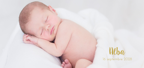 Faire-part de naissance avec une grande photo de bébé et dorure