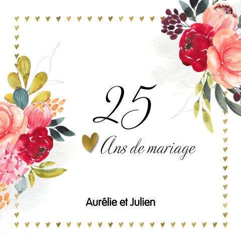 Invitation de noces d'argent avec cadre de cœurs et fleurs