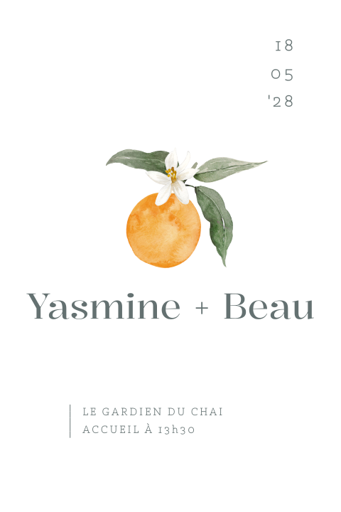 Faire-part de mariage minimaliste avec orange et fleur à l'aquarelle