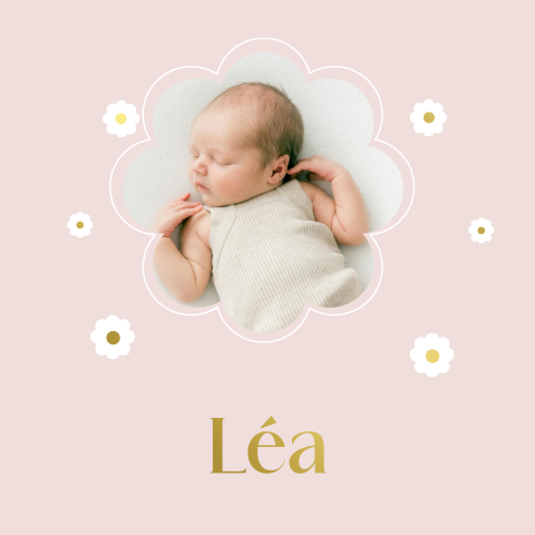 Faire-part de naissance rose avec cadre, fleurs et dorures
