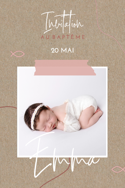 Faire-part de baptême avec lignes roses sur papier kraft