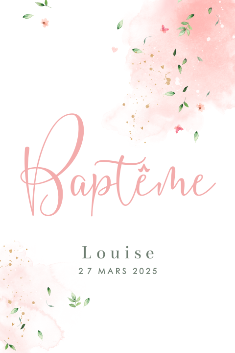 Faire-part de baptême avec feuillages et fleurs roses